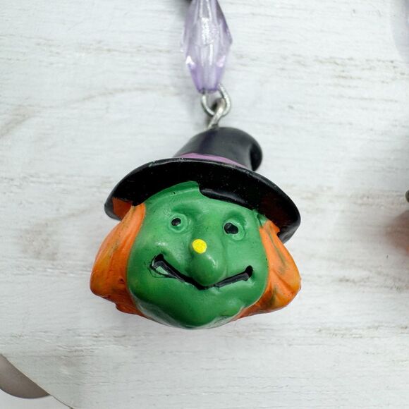 Halloween Earrings Green Witch Face Long Beaded Dangle - Picture 4 of 6